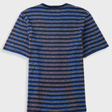 A short-sleeve crewneck t-shirt with horizontal stripes in navy blue, black, and thin gold lines, shown from the back on a light gray background.