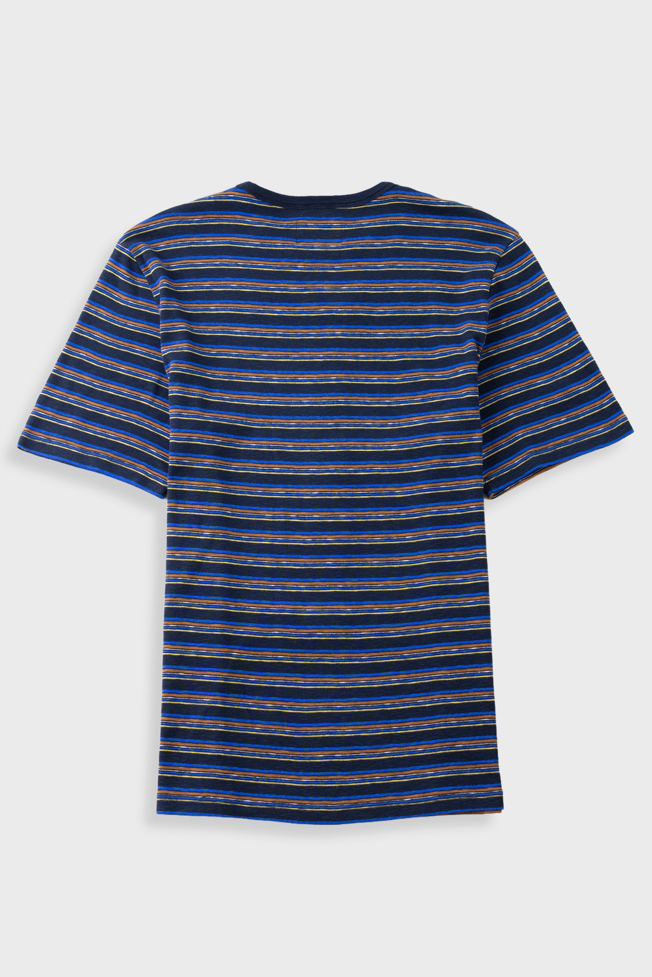 A short-sleeve crewneck t-shirt with horizontal stripes in navy blue, black, and thin gold lines, shown from the back on a light gray background.