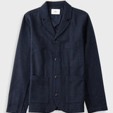 A dark navy blue textured jacket with notch lapels, a three-button front closure, and two front patch pockets, displayed flat against a light gray background.