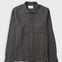 A dark grey long-sleeve button-up shirt with a subtle grid pattern, featuring a classic collar and a chest pocket, laid flat against a light gray background.