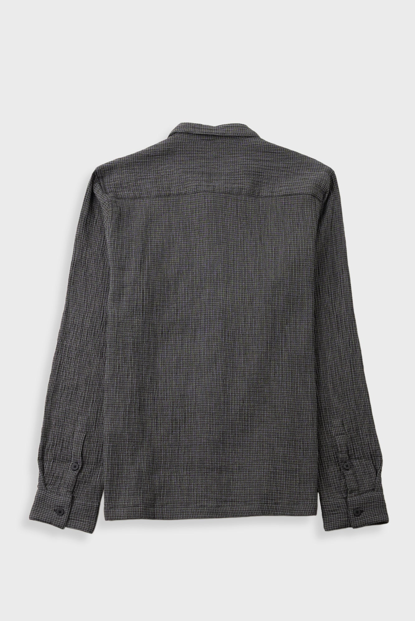 A dark gray long-sleeve button-up shirt with a subtle grid pattern, featuring a classic collar and a chest pocket, laid flat against a light gray background.