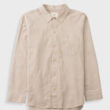 A light beige linen button-up shirt with a chest pocket, displayed flat against a light gray background.