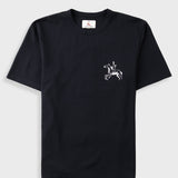 Black t-shirt with white horse logo on left hand chest, laid flat against a light grey background