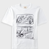 A white short-sleeve crewneck t-shirt featuring a black ink sketch print of two panels on the front, with 'Elie' written in script below the lower drawing. Photographed flat on a light gray background.
