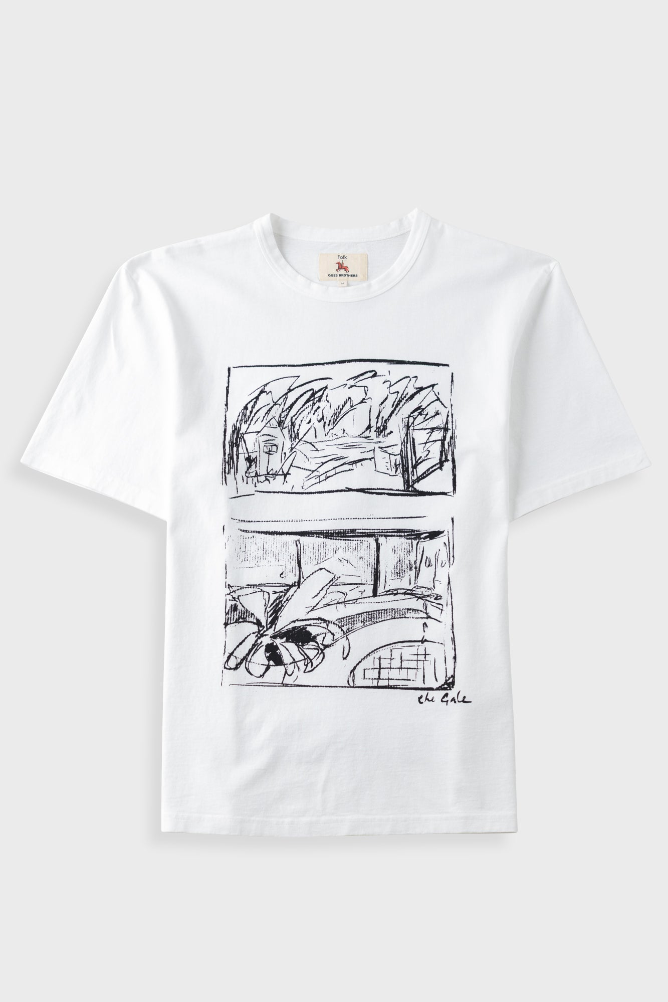 A white short-sleeve crewneck t-shirt featuring a black ink sketch print of two panels on the front, with 'Elie' written in script below the lower drawing. Photographed flat on a light gray background.