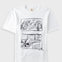 A white short-sleeve crewneck t-shirt featuring a black ink sketch print of two panels on the front, with 'Elie' written in script below the lower drawing. Photographed flat on a light gray background.