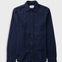 Dark navy button up shirt laid against a grey backdrop