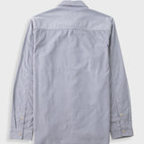 A light gray long-sleeve button-down shirt shown from the back, laid flat against a light gray background.