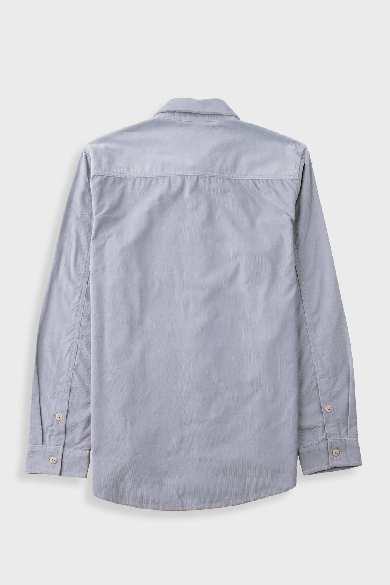 A light gray long-sleeve button-down shirt shown from the back, laid flat against a light gray background.