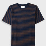 A short-sleeve crewneck t-shirt with thin horizontal navy blue and orange stripes, displayed flat against a light gray background.