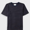 A short-sleeve crewneck t-shirt with thin horizontal navy blue and orange stripes, displayed flat against a light gray background.
