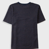 A short-sleeve crewneck t-shirt with thin horizontal navy blue and orange stripes, shown from the back on a light gray background.