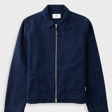 A dark navy blue zip-up jacket with a pointed collar and front pockets, displayed flat against a light gray background.