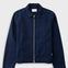 A dark navy blue zip-up jacket with a pointed collar and front pockets, displayed flat against a light gray background.