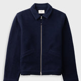 A dark navy blue fleece jacket with a zippered front, collar, and two front pockets, displayed on a light gray background.