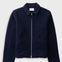A dark navy blue fleece jacket with a zippered front, collar, and two front pockets, displayed on a light gray background.