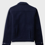 A dark navy blue fleece jacket with a zippered front, collar, and two front pockets, displayed on a light gray background.