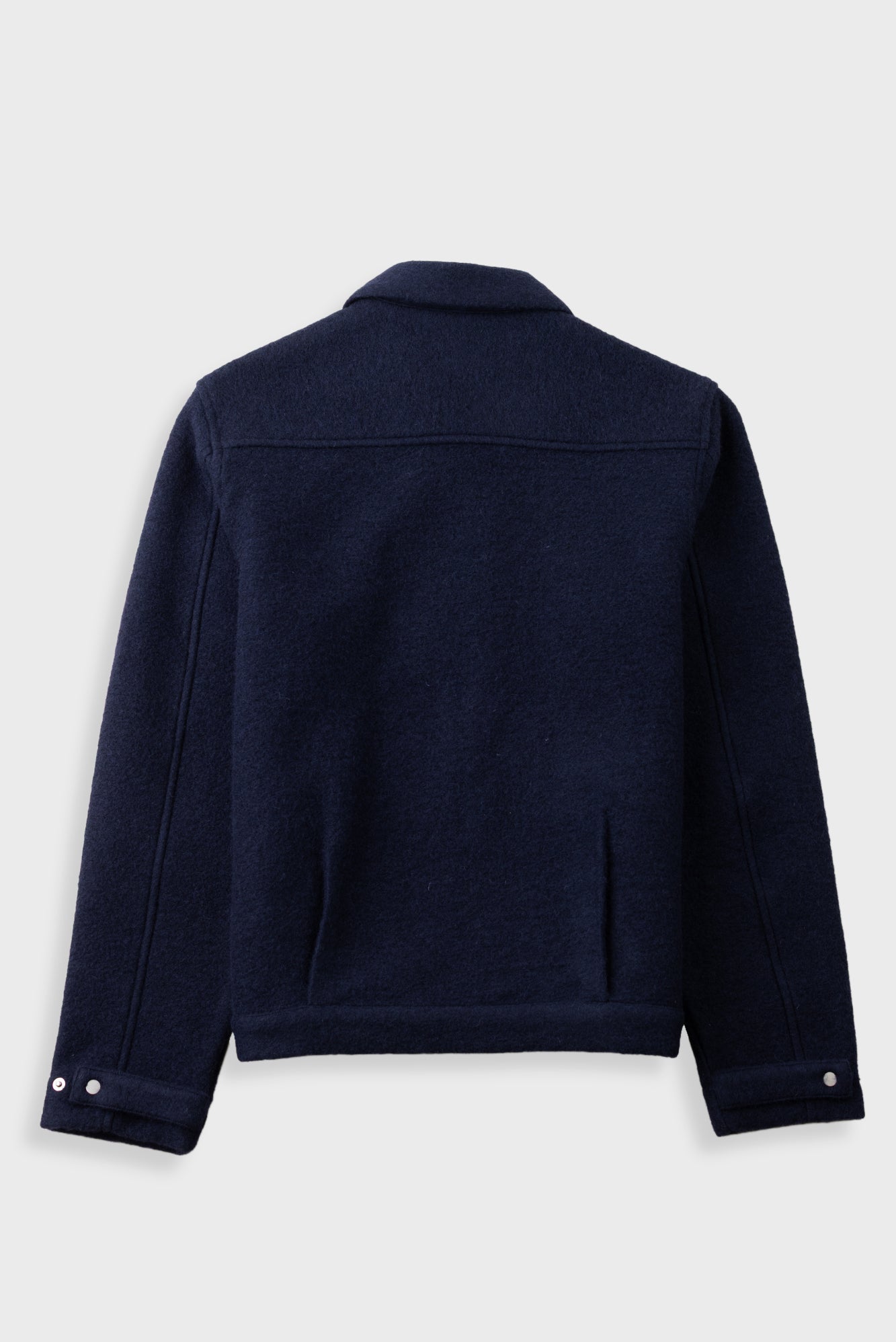 A dark navy blue fleece jacket with a zippered front, collar, and two front pockets, displayed on a light gray background.