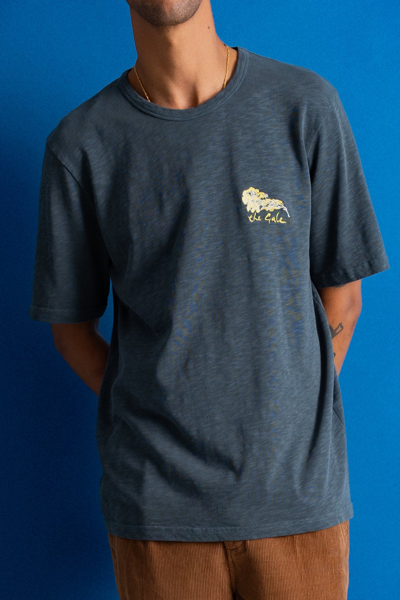 A man wearing a dark heathered blue t-shirt with a small yellow and white lion graphic on the left chest, paired with brown pants, set against a solid blue background.