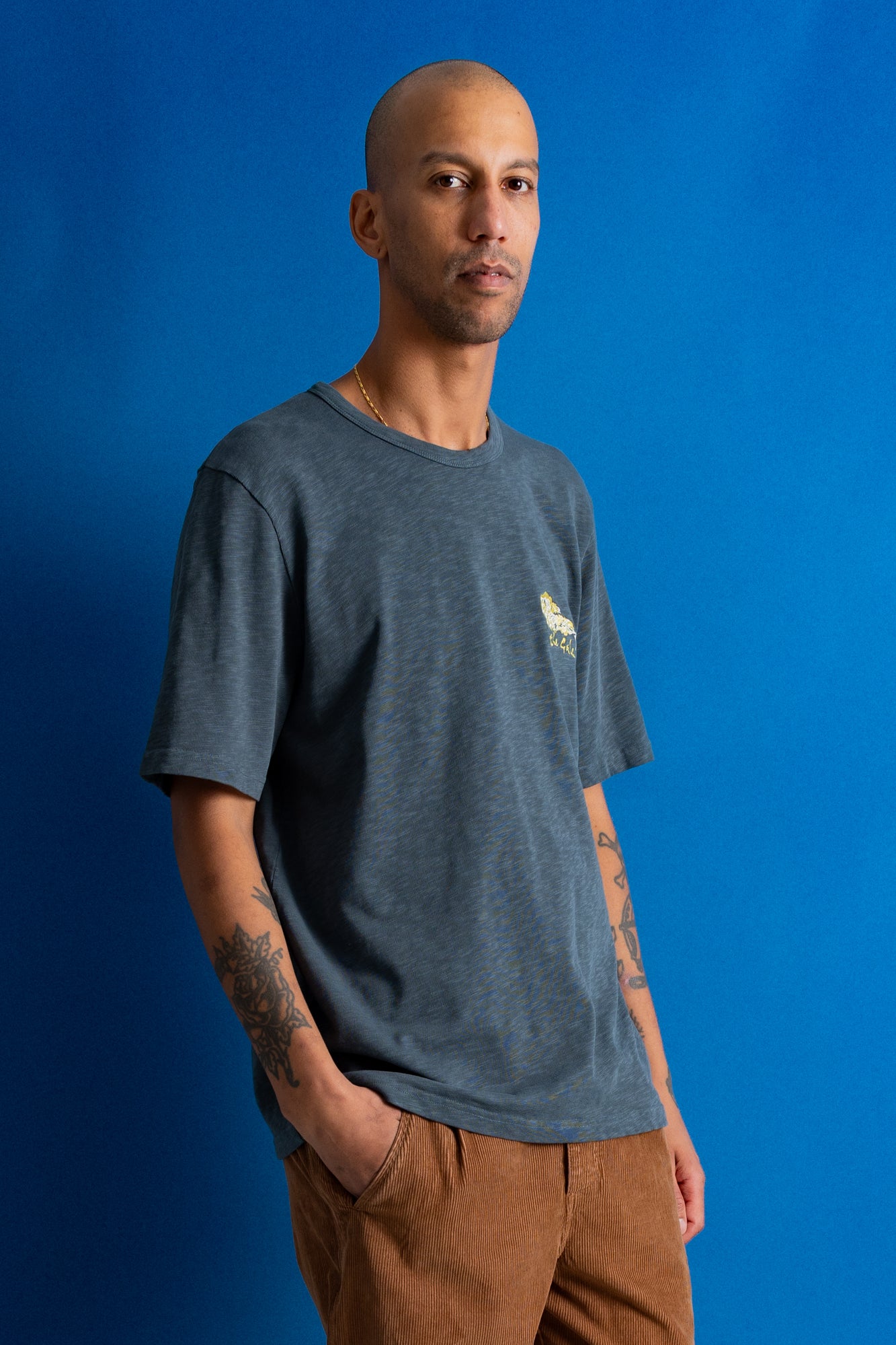 A man stands against a bright blue studio backdrop wearing a dark heather gray crewneck t-shirt with a small yellow graphic on the left chest and orange brown pants.