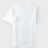A plain white short-sleeve crewneck t-shirt laid flat against a light gray background.