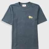 A dark heather gray crewneck t-shirt with a small yellow embroidered lion logo and 'The Gold' text on the left chest, displayed against a light gray background.