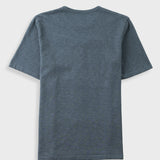 A heathered slate blue short-sleeve t-shirt shown from the back, laid flat against a light gray background.