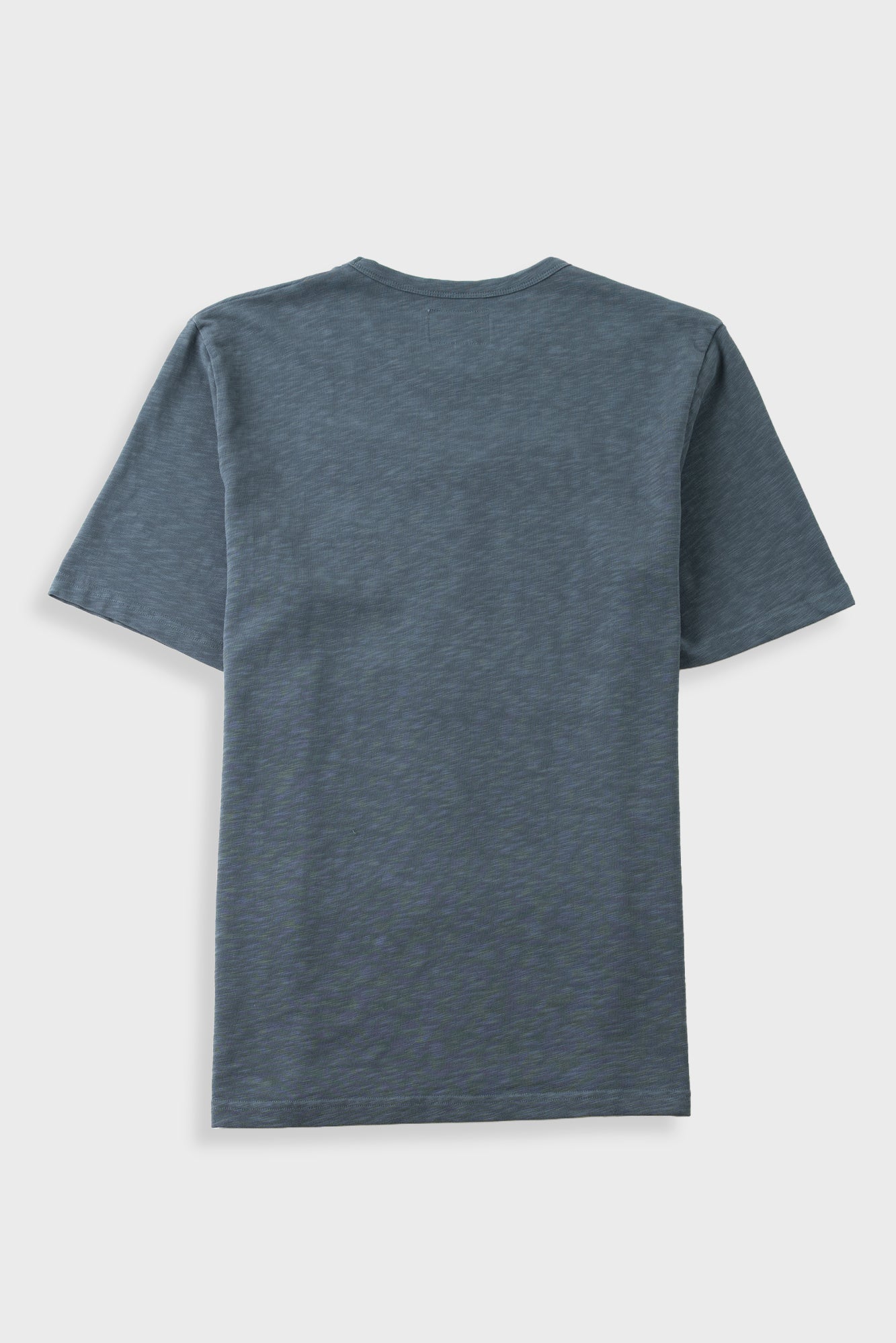 A heathered slate blue short-sleeve t-shirt shown from the back, laid flat against a light gray background.