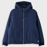 A navy blue hooded jacket with a front zipper, ribbed cuffs and hem, and side pockets, shown against a light gray background.