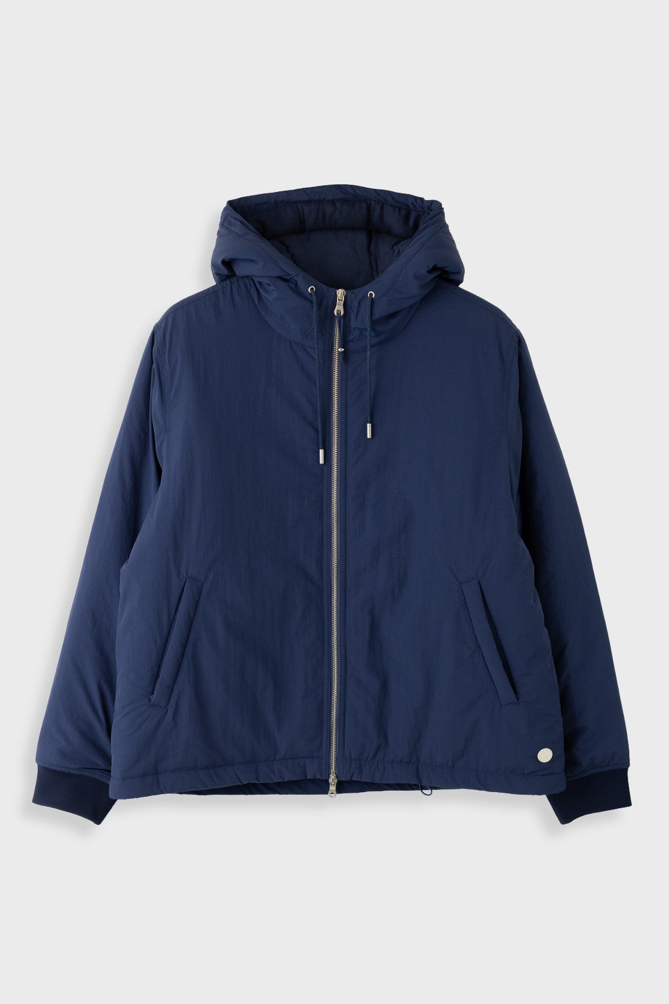 A navy blue hooded jacket with a front zipper, ribbed cuffs and hem, and side pockets, shown against a light gray background.