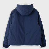 A navy blue hooded jacket shown from the back, laid flat against a light gray background.