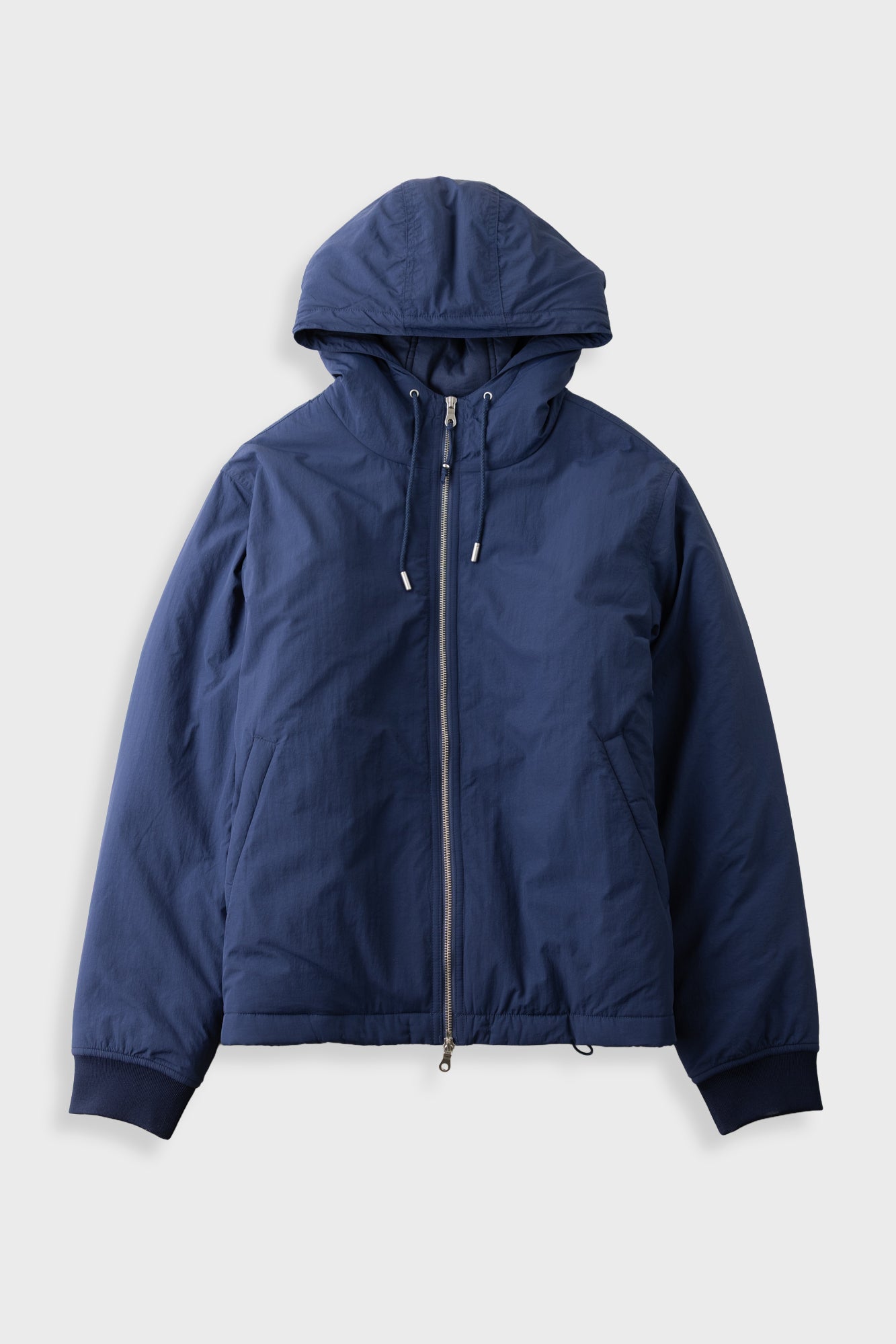 A navy blue hooded puffer jacket with a full front zipper, shown flat against a light gray background.