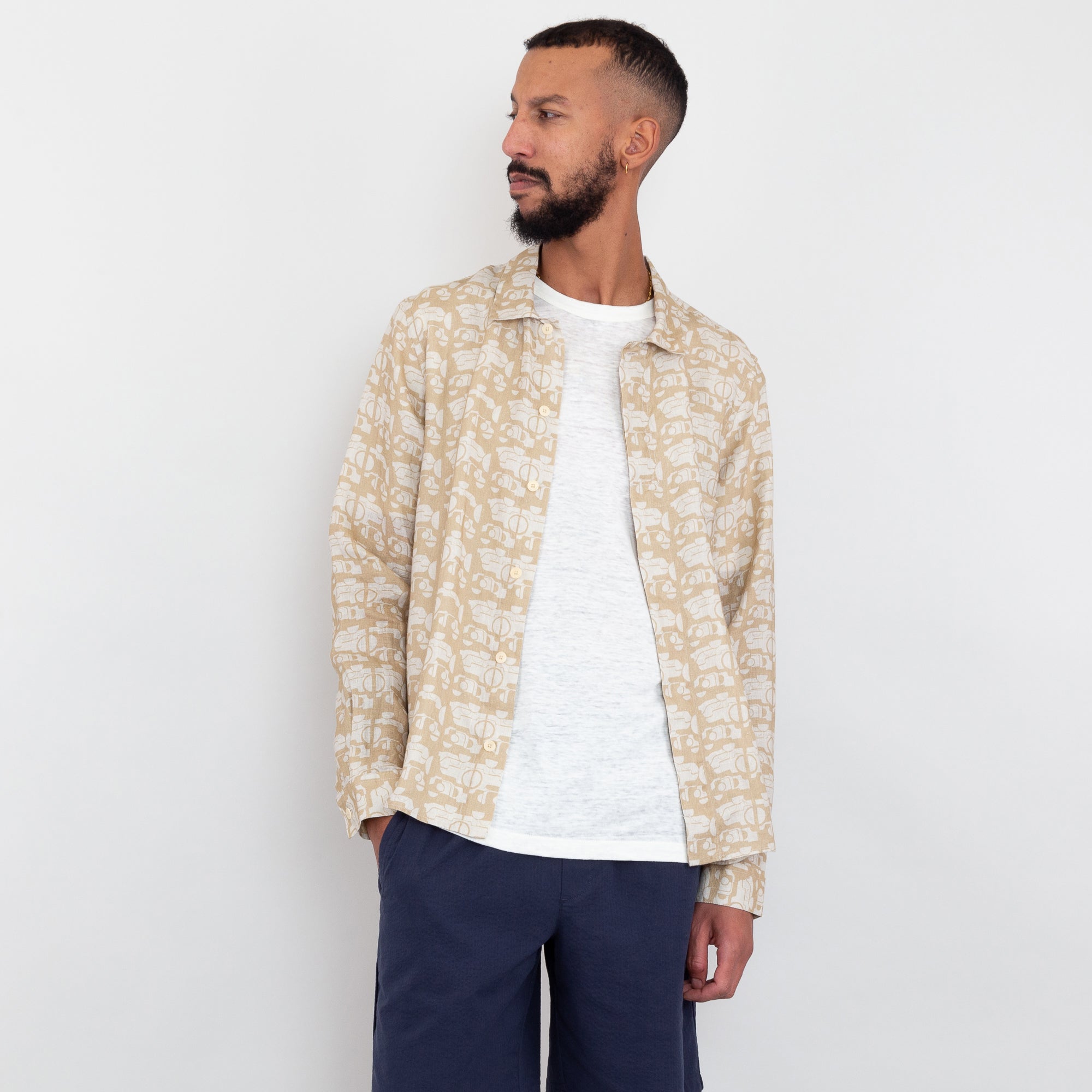 Folk | Patch Shirt - Tan Ecru Mini Wave Print